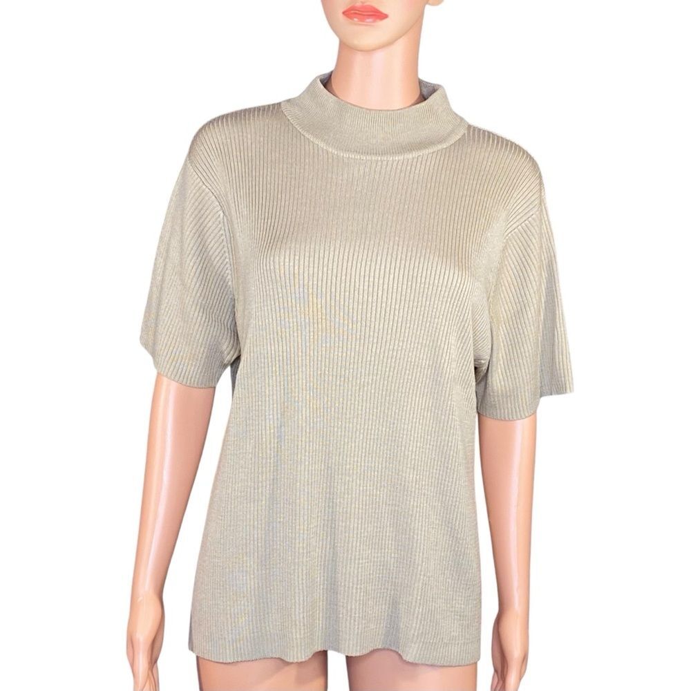 Studio Works Classic Tan Ribbed Top Mock Neckline Short Sleeve Layering Piece XL